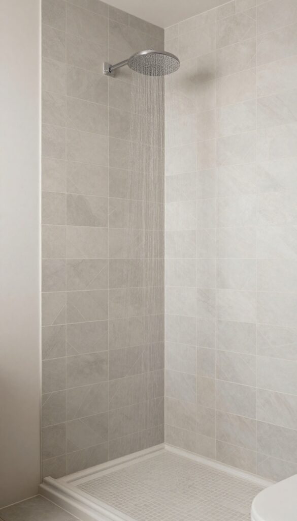 A close-up view of a knee wall shower in a bathroom featuring an elegant herringbone tile pattern in muted colors like soft gray or warm beige, with bright natural lighting and a clean composition that highlights the classic sophistication of the design.