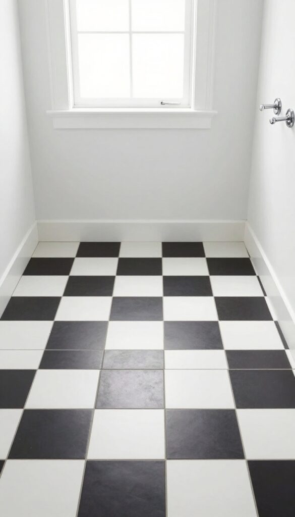 A small bathroom floor featuring a classic black and white checkerboard tile pattern in bright natural light, with simple white walls and chrome fixtures for a clean, stylish look.