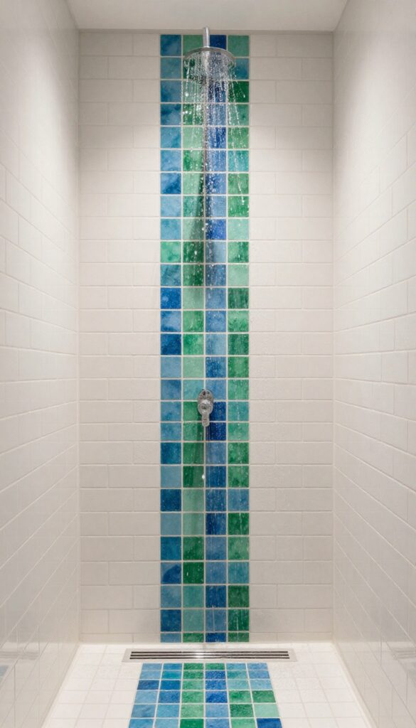 A shower with a single stripe of blue and green mosaic tiles against white subway tiles, adding a playful color pop in bright natural light.
