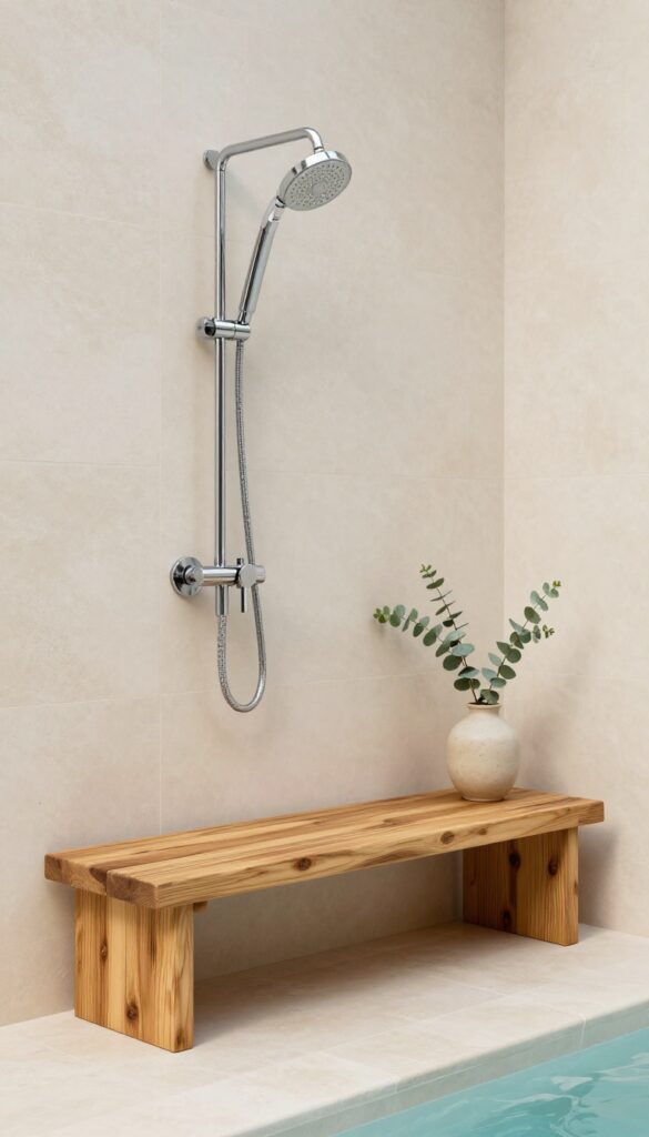 Minimalist wall-mounted pool shower with teak bench and mat