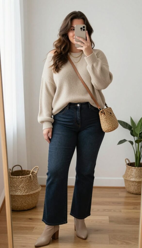 Plus-size woman in oversized oatmeal sweater and flared jeans taking a mirror selfie in a bright, minimalist room.