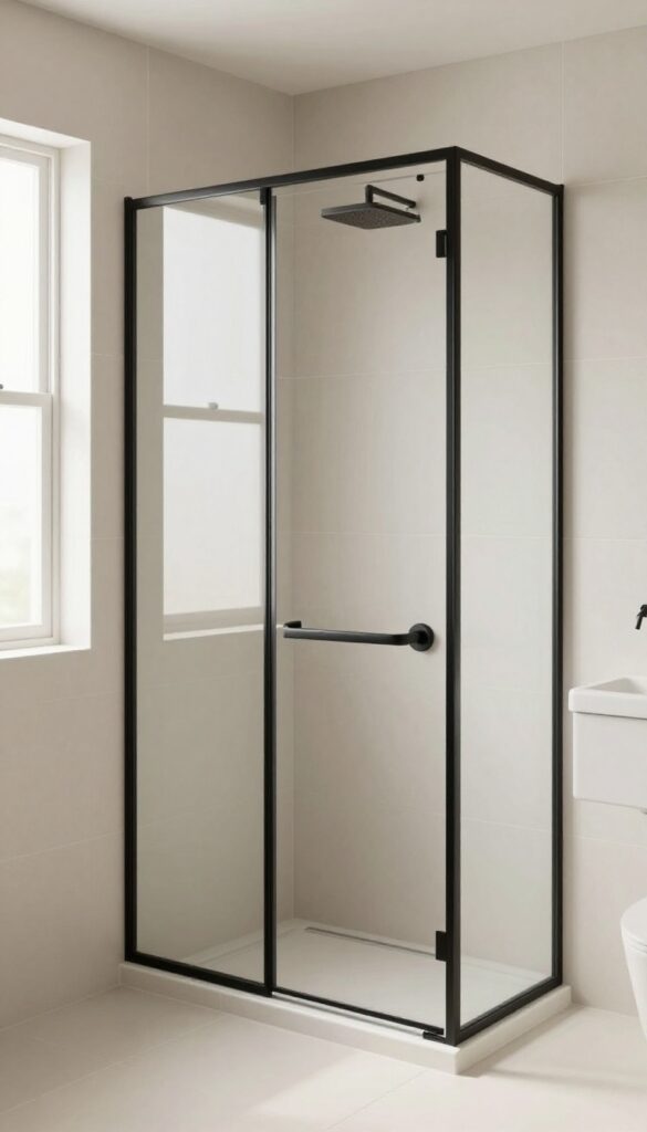 A modern bathroom with a black-framed glass shower door against light tiles, showcasing bold contrast and clean lines in natural light