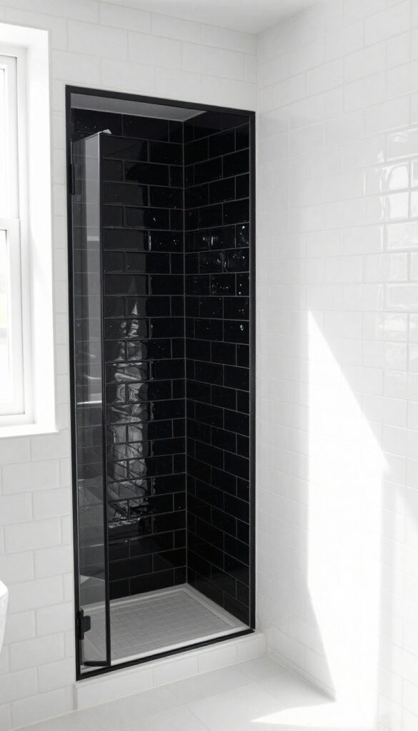 A close-up view of a shower niche framed with contrasting black tiles against white subway tiles in a bright, naturally lit bathroom, showcasing home decor inspiration for a custom-styled look.