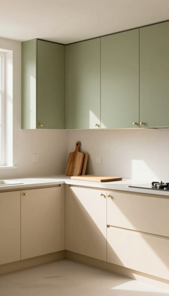 Olive green upper cabinets and warm beige lower cabinets in a bright, clutter-free kitchen