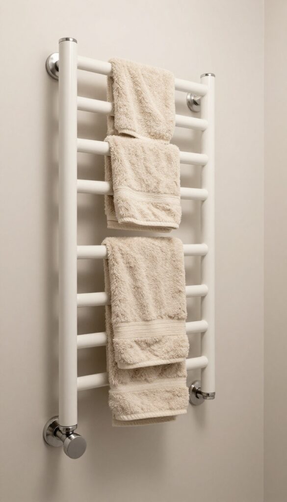 A small bathroom with a shower over bath setup showing a heated towel rail in brushed nickel holding warm towels for cozy touches.