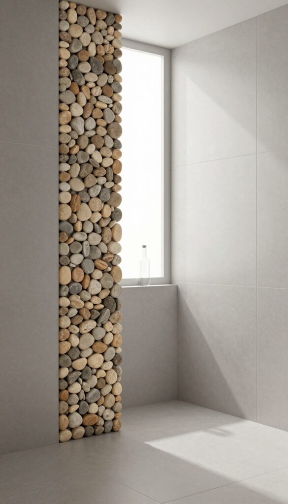 Floor-to-ceiling pebble column in corner shower with natural light