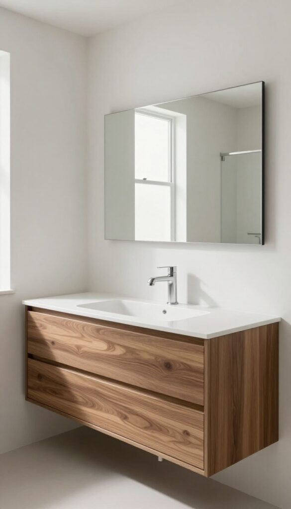 A modern men's bathroom featuring a floating vanity in walnut wood with a white countertop, lifted off the floor to create a clean and spacious look.