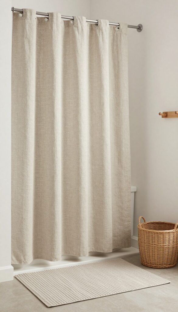 A small bathroom with a textured linen shower curtain and matching ribbed cotton bath mat in natural light, showcasing layered textures for a cohesive and inviting decor style.