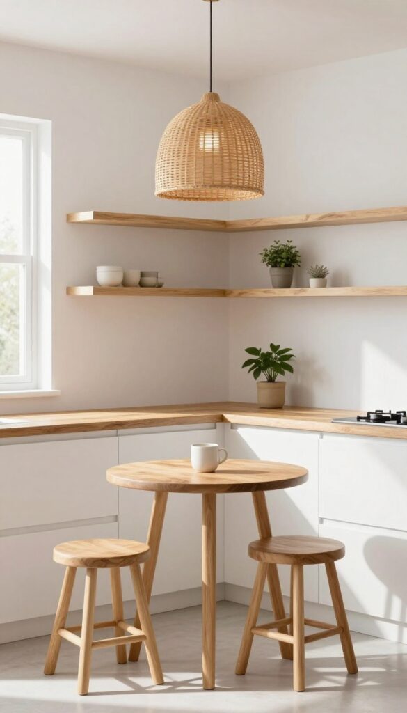 Cozy kitchen nook with bistro table, wooden stools, oak shelves, and rattan pendant light