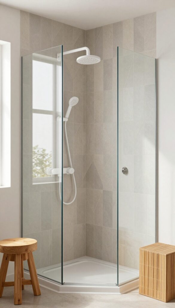 Vertical geometric tile shower in single color with white fixtures and wood accents
