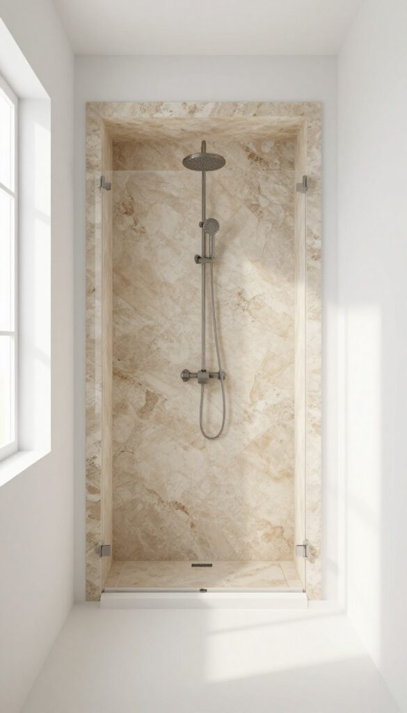 A walk-in shower with natural stone accents on a feature wall, creating a luxurious and spacious custom-designed bathroom atmosphere.