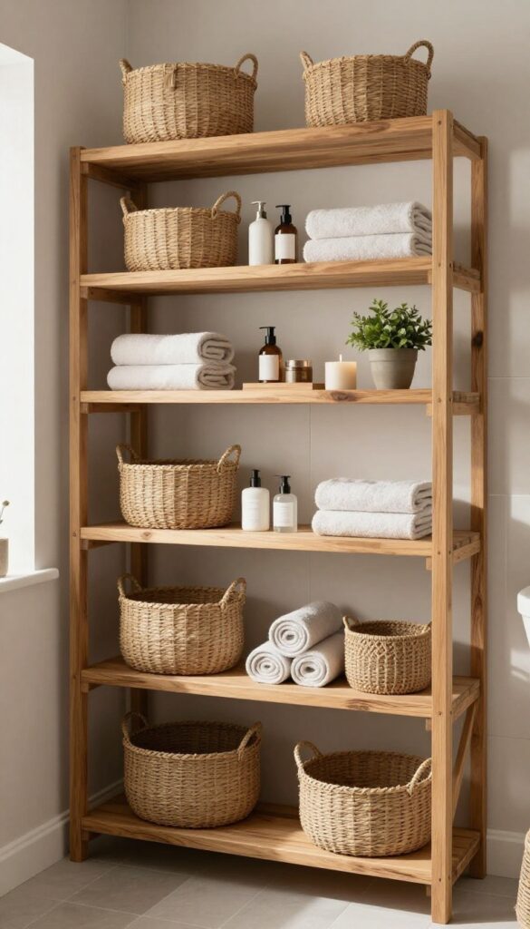 Open wooden shelving with woven baskets in a shower area, featuring natural textures and bright lighting for a rustic, organized look.