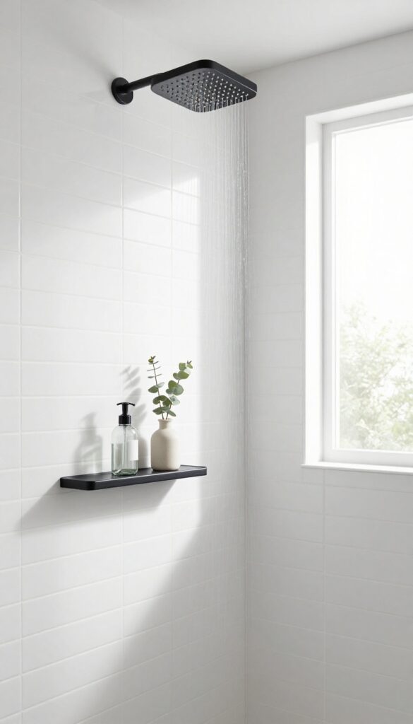 Recessed shower shelf with matching matte black fixtures, featuring clear glass bottles and eucalyptus in bright natural light