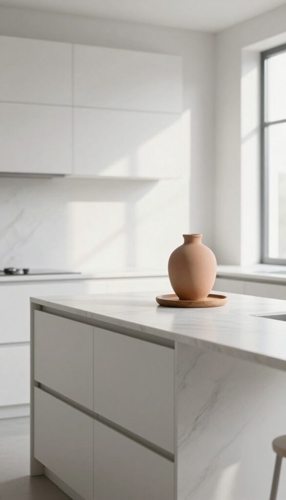 Modern kitchen with a statement ceramic sculpture on the counter, natural light, clean composition