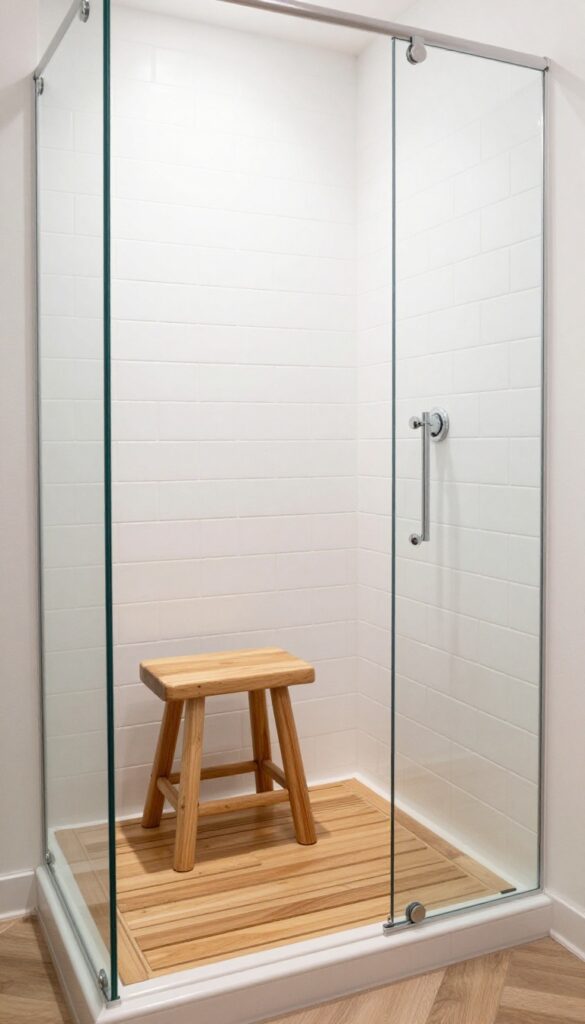 Small shower with white tiles and a slim teak stool in the corner