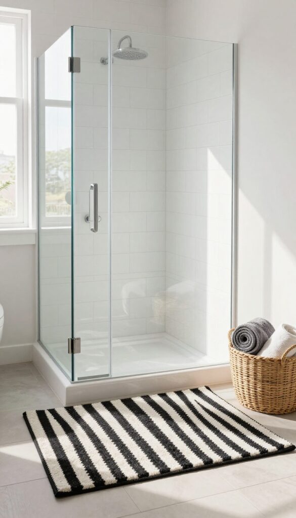 Bathroom with zebra stripe rug in front of shower