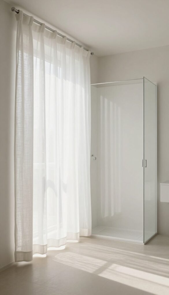 Floor-to-ceiling sheer white panels in a bright bathroom, creating an airy and open feel.