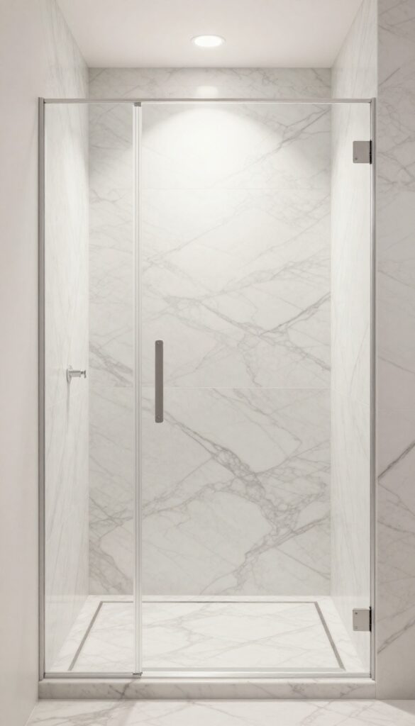 Close-up view of a marble shower with contrasting grout lines, showcasing crisp definition and modern elegance in a classic bathroom setting.