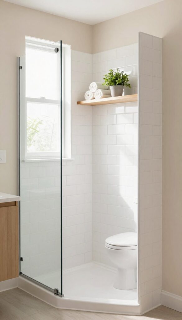 Pony wall as room divider in shared bathroom with tile and shelf