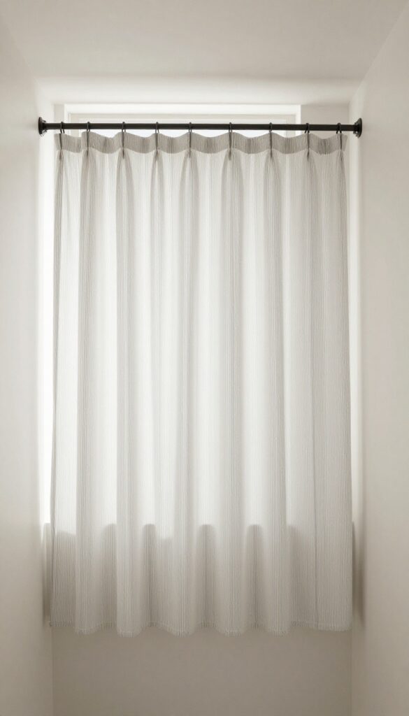 Bathroom with ceiling-mounted striped shower curtain in soft gray and white, creating vertical lines to make the room feel taller.