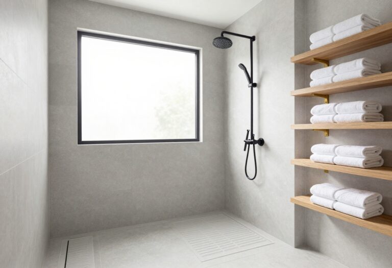 Modern bathroom shower with matte black rain showerhead and brushed brass hand shower, warm wood shelf, and gray stone tile