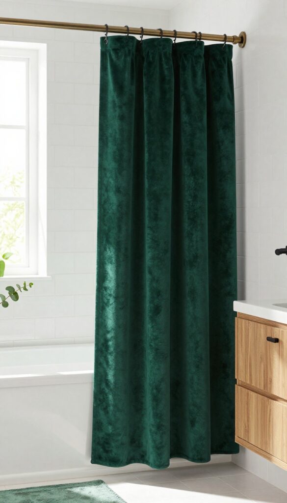 Matte velvet shower curtain in deep jewel tone emerald green in a bright natural light bathroom with white tiles and matte black fixtures.