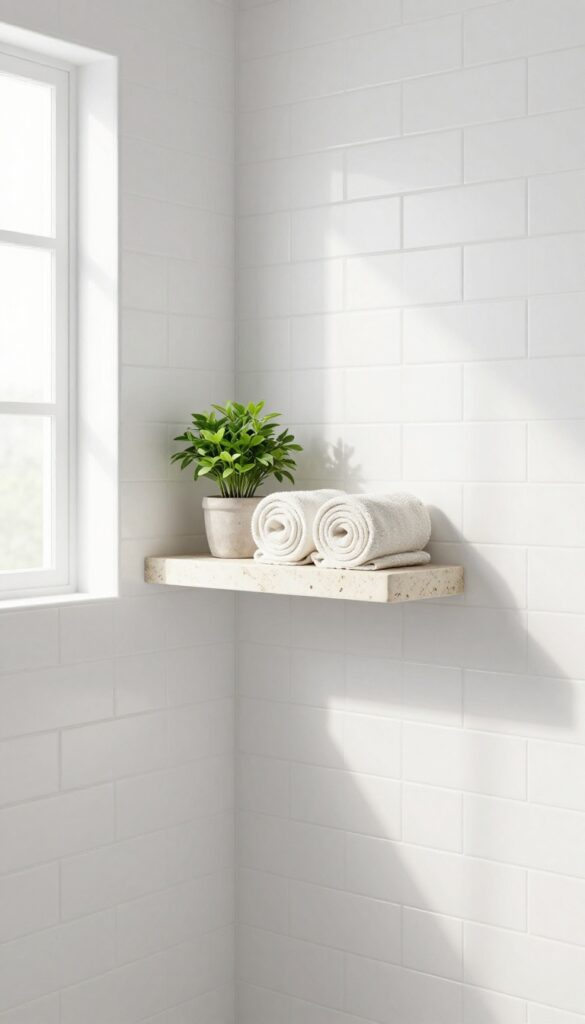 White subway tile shower with a floating stone shelf holding a plant and rolled washcloths
