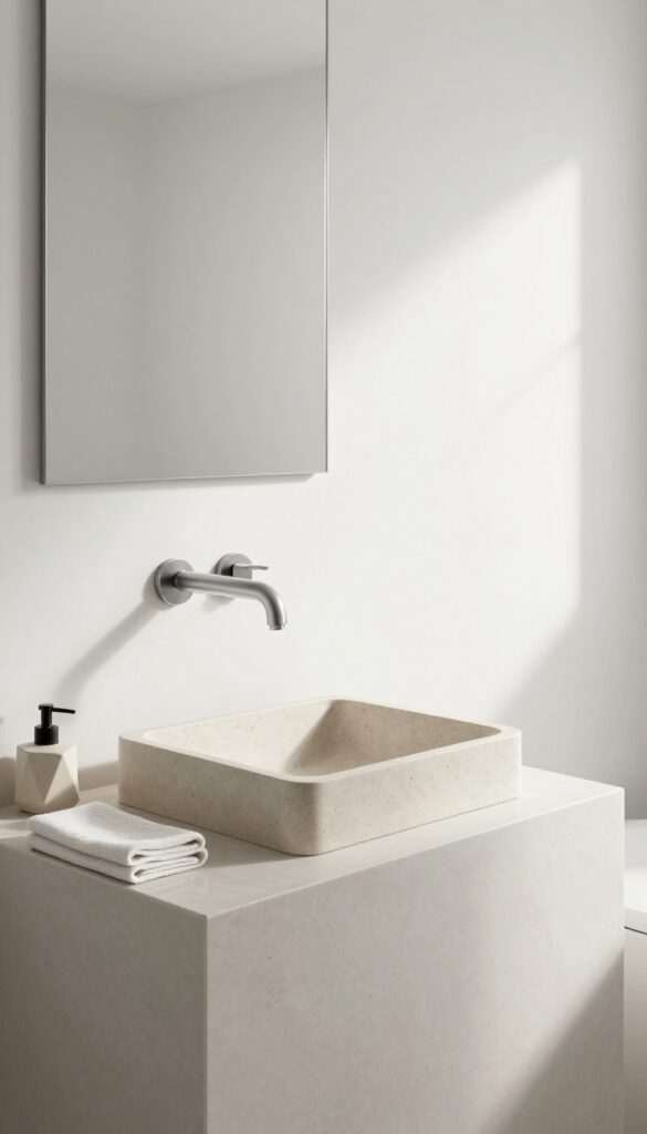 Minimalist wall-mounted faucet over a matte stone vessel sink in a bright, clean bathroom