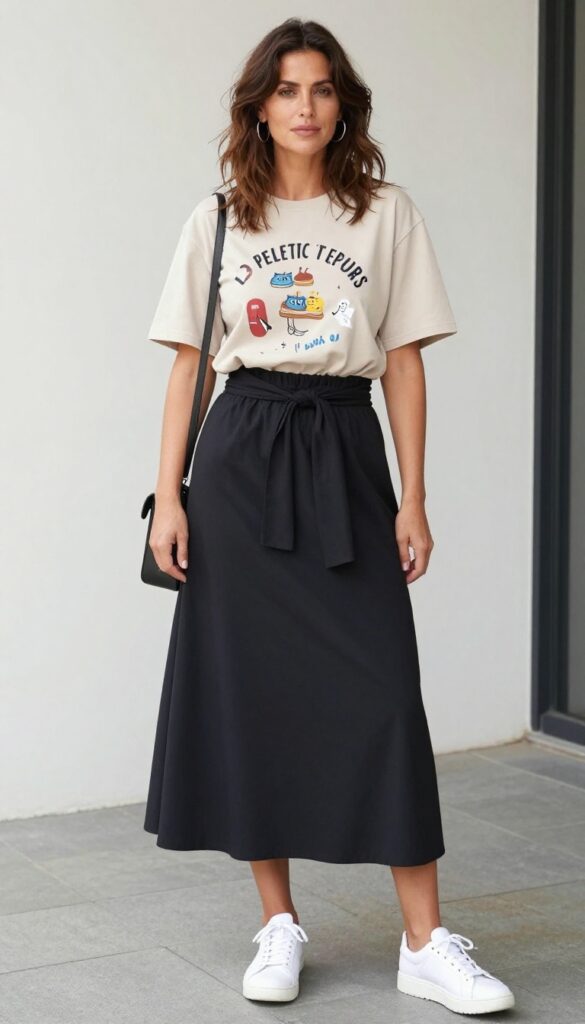 A woman wearing a graphic tee and midi skirt outfit for summer, styled with sneakers, a crossbody bag, and hoop earrings in a casual urban setting.