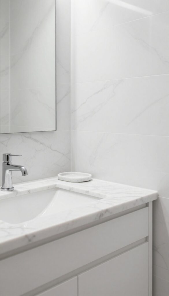 A bright all-white bathroom featuring marble surfaces with gray veins on countertops and walls, reflecting natural light in a clean and luxurious design