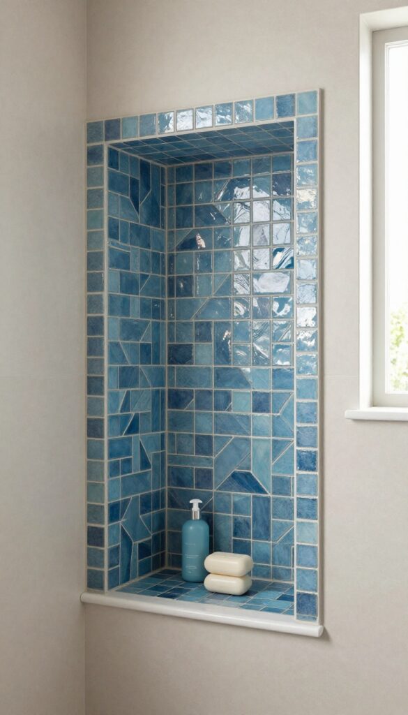 A close-up view of a bathroom shower niche with mosaic tile accents in a herringbone pattern, showcasing colorful blue tiles that add visual interest and style to the storage space.