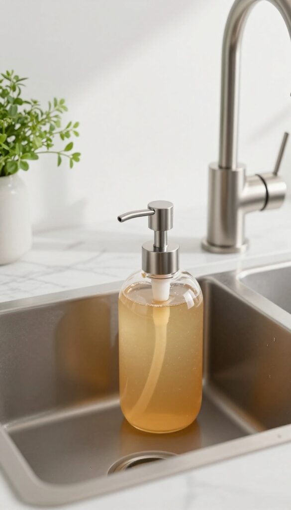 Brushed nickel soap dispenser matching brushed nickel faucet on a marble countertop with natural light and herbs