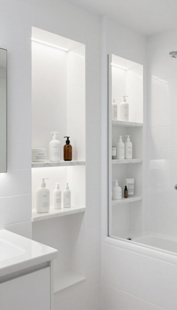 A bright all-white bathroom with built-in storage niches for organized storage of bottles and products.