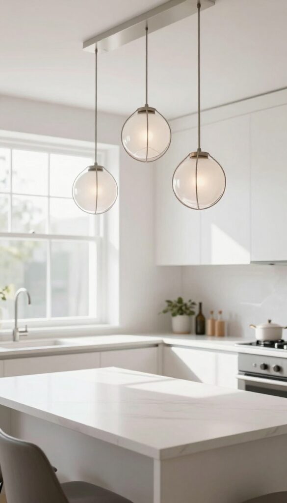 Modern kitchen with three sculptural pendant lights hanging above an island, geometric metal and glass fixtures, natural light, clean white surfaces.