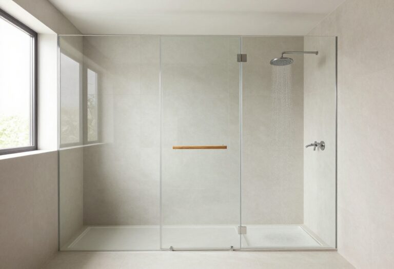 Modern master walk-in shower with light tiles, frameless glass, and wood accents in a spacious bathroom.