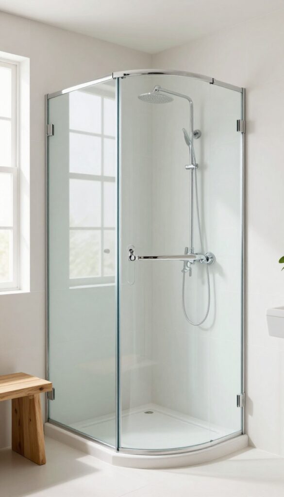 Corner shower with curved glass in a small bathroom