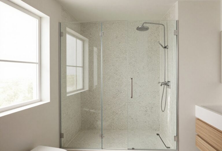 Modern walk-in shower with textured mosaic floor tiles, rainfall showerhead, and glass enclosure in a bright, minimalist bathroom.