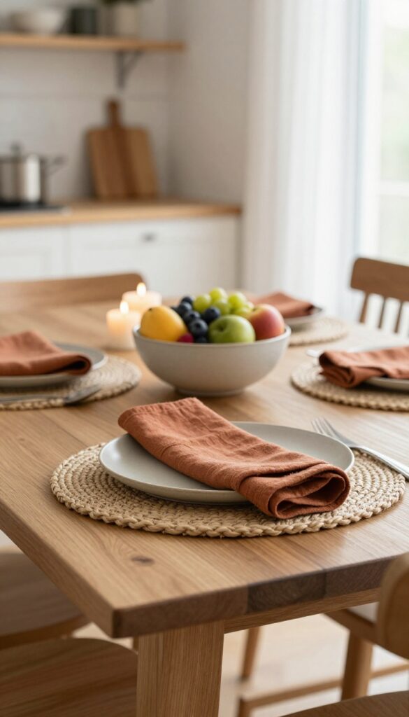 A dining table set with cloth napkins and woven placemats in warm earth tones, with a fruit centerpiece and candles, in a bright kitchen.