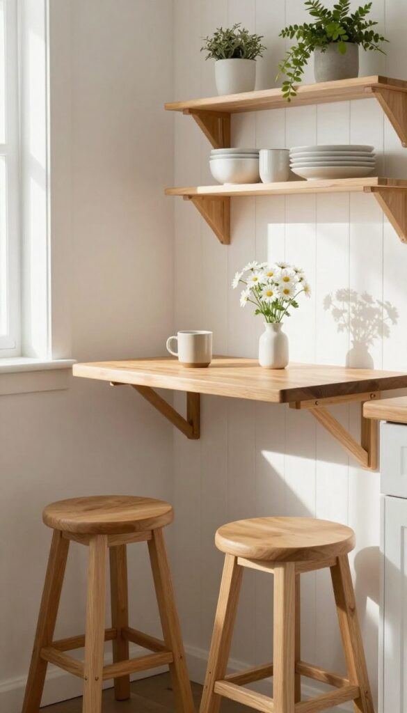 Cozy small kitchen with a fold-down dining table, stools tucked underneath, natural light, and simple decor.