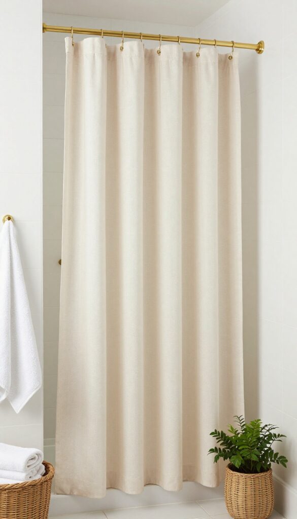 Pastel canvas curtains in blush and mint colors hanging in a walk-in shower with brass hardware, white tiles, and simple decor like woven baskets and a plant.