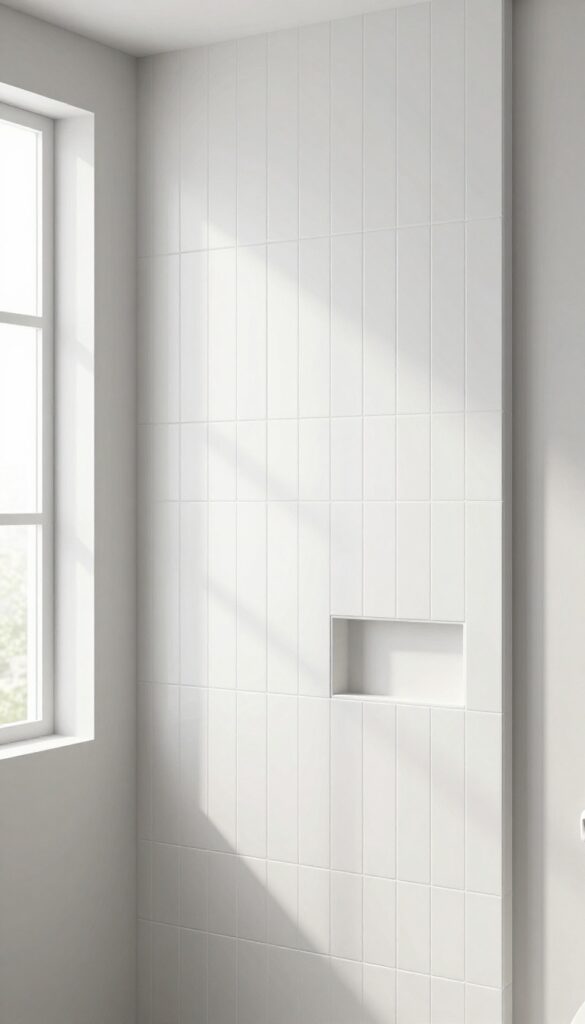 A modern bathroom shower with vertical white tiles arranged in straight lines to make the ceiling appear higher, showcasing a clean and airy design.