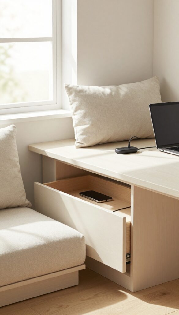 A kitchen banquette with a built-in charging station drawer, showing a phone and laptop inside, in a bright, cozy setting.