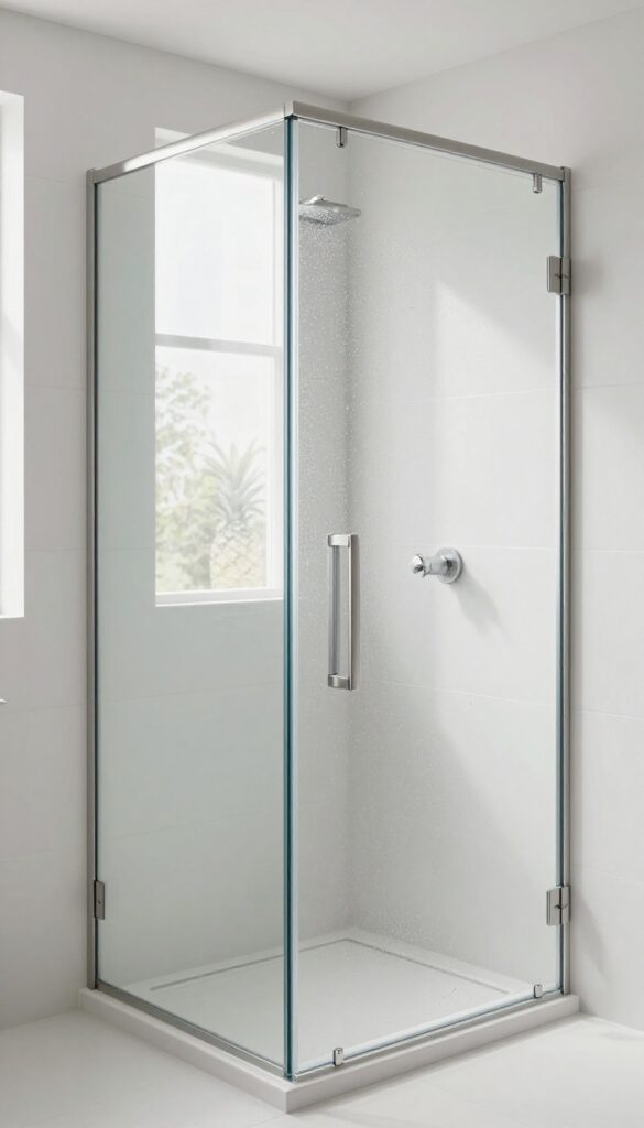 A neo-angle shower door installed in a corner of a small bathroom, showcasing its space-saving design with clear glass and brushed nickel hardware in bright natural light.