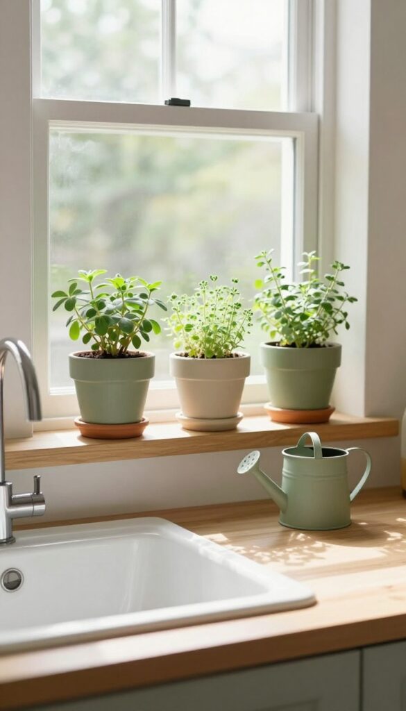 Window sill herb garden platform with potted herbs in ceramic pots on a wooden shelf above a kitchen sink
