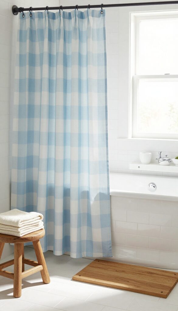 Farmhouse bathroom with pastel blue gingham shower curtain, wooden bath mat, and white tiles.