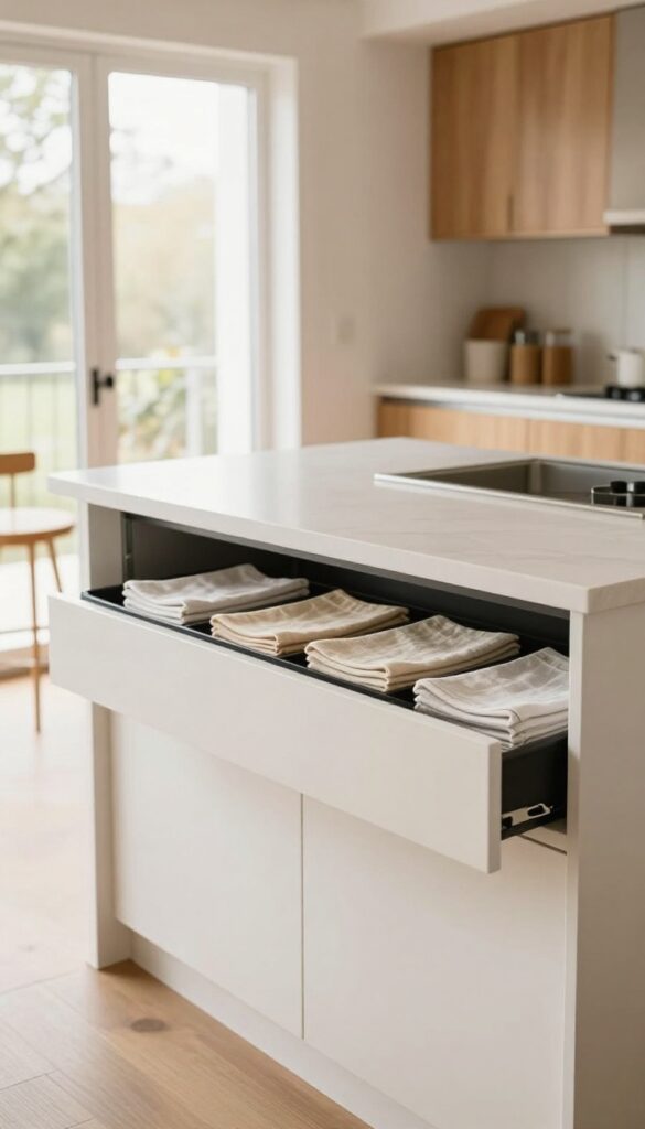 Kitchen island with deep drawer for linens, clean countertop, and seating
