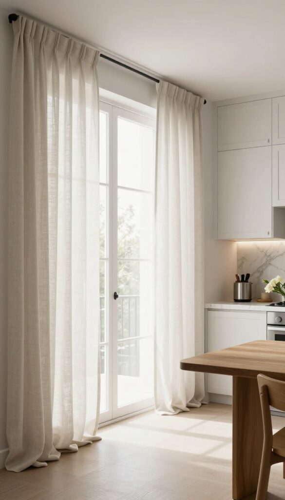 Modern kitchen with floor-length linen curtains softening the space