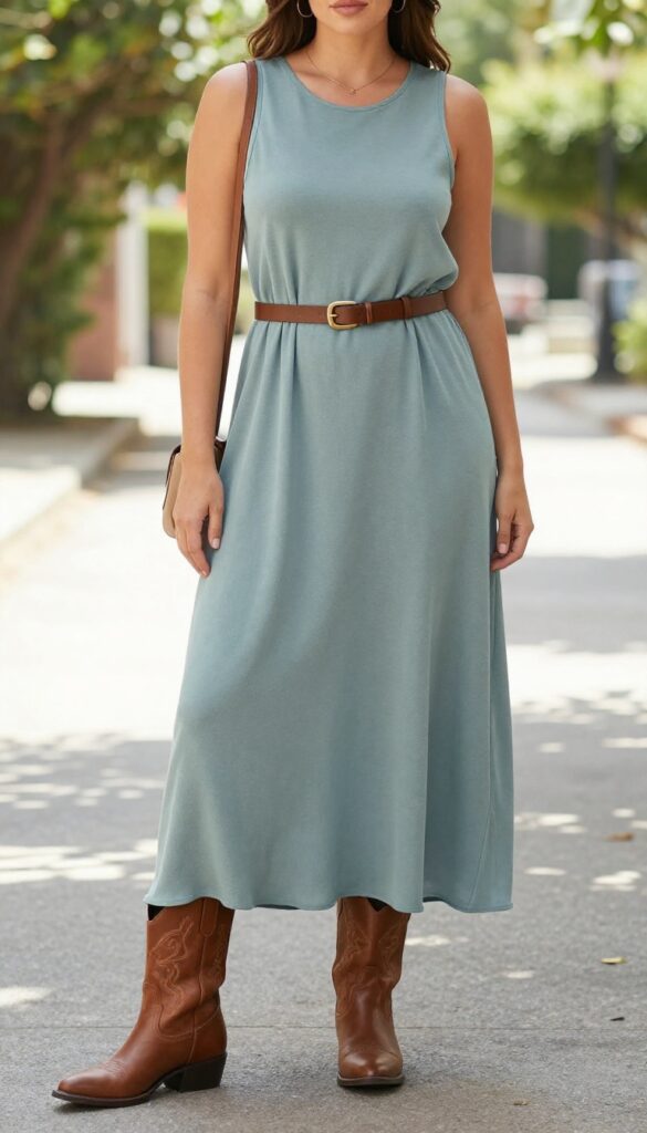 A woman wearing a lightweight maxi dress with cowboy boots in a summer outdoor setting, showcasing a stylish and comfortable outfit with a subtle Western twist.