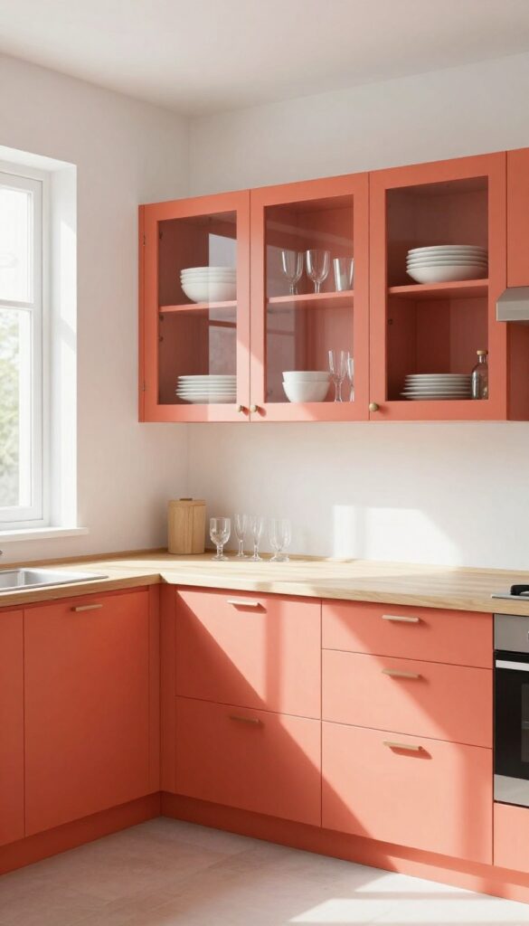 A kitchen with open cabinets painted coral inside, showcasing white dishes.