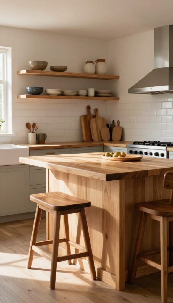 Kitchen diner with warm wood accents, butcher block island, open shelving, and bar stools in natural light